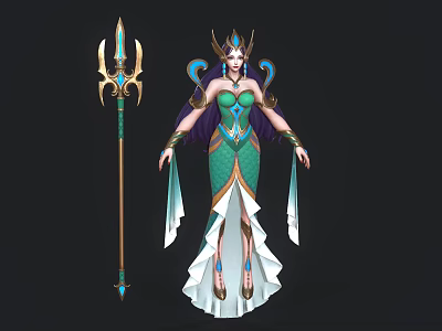 Mythical Female Character With Long Purple Hair Green Blue Dress Trident Staff Mermaid Tail Skirt 3d model