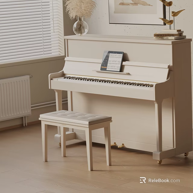White Upright Piano Musical Instrument with Padded Stool and Music Sheet in Bright Room Interior 3d model 