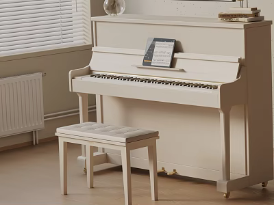 White Upright Piano Musical Instrument with Padded Stool and Music Sheet in Bright Room Interior 3d model