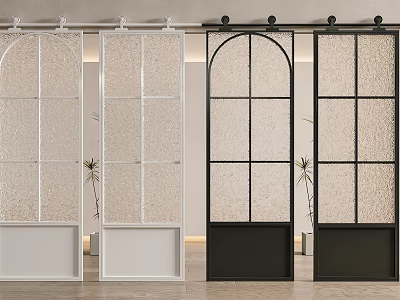 White and Black Sliding Doors with Arched Grid Frosted Glass Panel Design 3d model