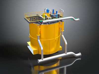 Yellow Cylindrical Industrial Equipment With Top Platform Railings And Connecting Pipes 3d model
