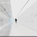 Futuristic Modern Corridor with Lighting Lines Singularity Point Sign and Person Walking