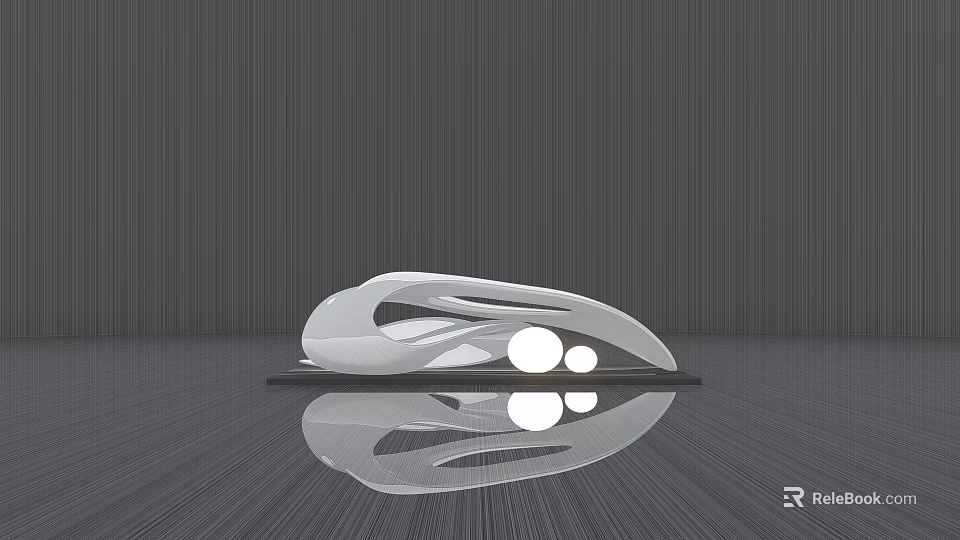 Modern White Sculpture With Sleek Abstract Design Reflective Floor Gray Striped Wall And Circular Lights 3d model 