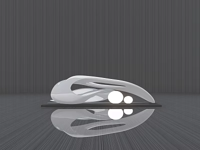 Modern White Sculpture With Sleek Abstract Design Reflective Floor Gray Striped Wall And Circular Lights 3d model