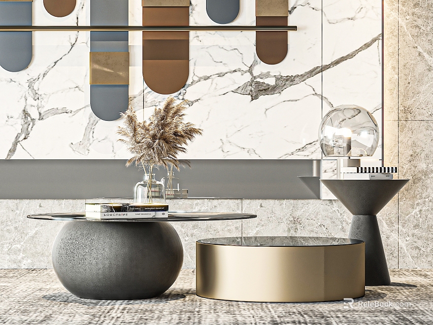 Modern Luxury Living Room Coffee Table With Marble Background Wall Metal Side Table And Vase 3d model 