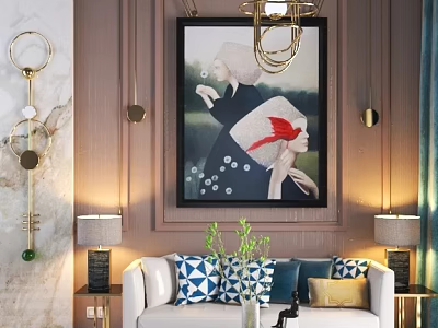 Modern Sofa and Coffee Table Set with Colorful Pillows Vase Green Plant Painting and Chandelier 3d model