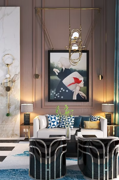 Modern Sofa and Coffee Table Set with Colorful Pillows Vase Green Plant Painting and Chandelier 3d model