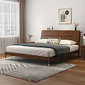 Modern Double Bed with Wooden Headboard Decorative Painting Nightstands Table Lamp Pillows on Wooden Floor