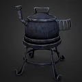 Vintage Metal Stove with Wheeled Stand and Red Glowing Interior Design