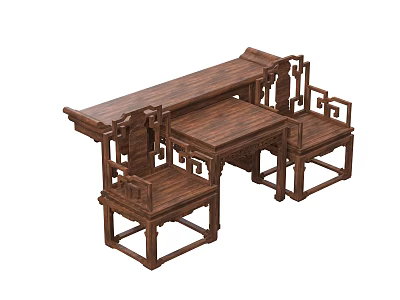 Traditional Chinese Wooden Table And Chairs Set With Intricate Carved Patterns 3d model