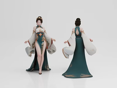 Woman Wearing Traditional Green And White Gown With High Slit Flowing Sleeves And Classical Hairstyle 3d model