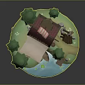 Charming Wooden Cabin With Red Roof Pine Trees Small Boat By Water Swing And Waterwheel