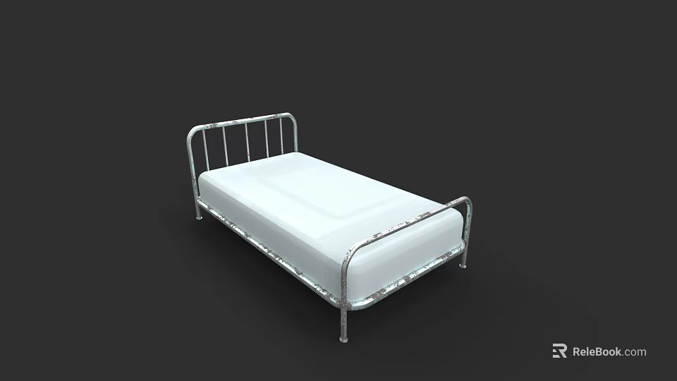 Simple Design Double Bed With Silver Metal Frame And White Mattress 3d model 