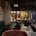 Cozy Bar Interior Featuring Leather Chairs Round Tables Hanging Plants And City Night View