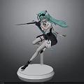 Anime Figure Green Hair Holding Sword Black Skirt White Thigh High Socks On White Stand