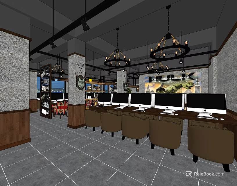 Modern Internet Cafe Interior Design With Computers Tables Chairs And Chandeliers 3d model