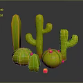 3D Rendered Green Cacti With Various Sizes Shapes Small Pink Decorations Gray Background Glossy Surface