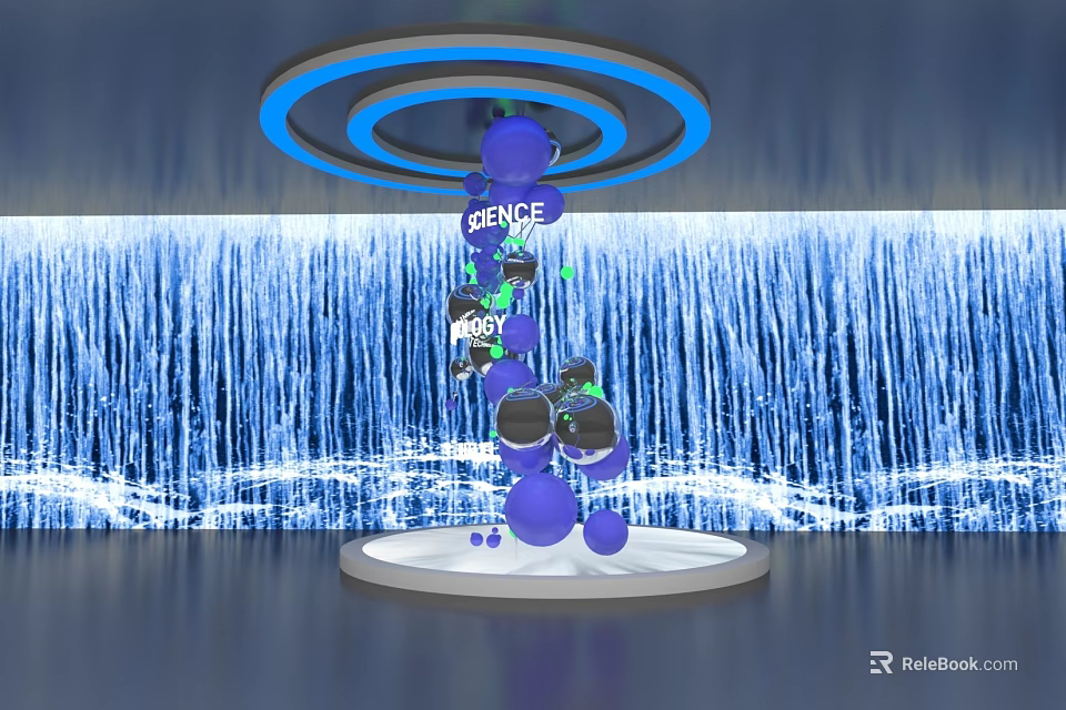 Modern Science Installation with Blue Spheres Circular Lights and Blue Background 3d model 