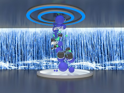 Modern Science Installation with Blue Spheres Circular Lights and Blue Background 3d model