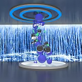 Modern Science Installation with Blue Spheres Circular Lights and Blue Background