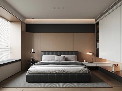 Modern Bedroom Interior With Double Bed Wooden Panel Walls Window Blinds And White Wardrobe 3d model