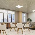 Bright Lounge Area Interior With White Chairs Gray Sofa Large Windows And Wall Art