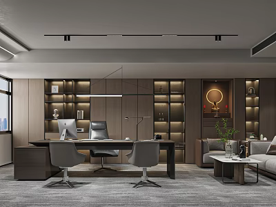 Modern Home Office Interior With Wooden Bookshelves Sofa Pendant Light And Carpet 3d model