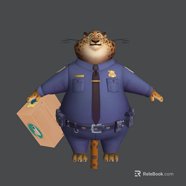 Anthropomorphic Cheetah Character In Police Uniform With Badge Holding Cardboard Box 3d model 