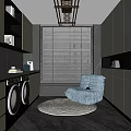 Modern Luxury Cloakroom With White Cabinets Washing Machine Dryer Blue Armchair Round Rug And Chandelier