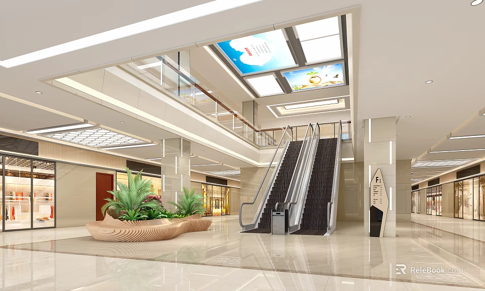 Shopping Mall Lobby With Escalators Green Plants Spacious Floor And Ceiling Billboards 3d model 