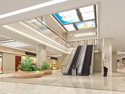 Shopping Mall Lobby With Escalators Green Plants Spacious Floor And Ceiling Billboards 3d model