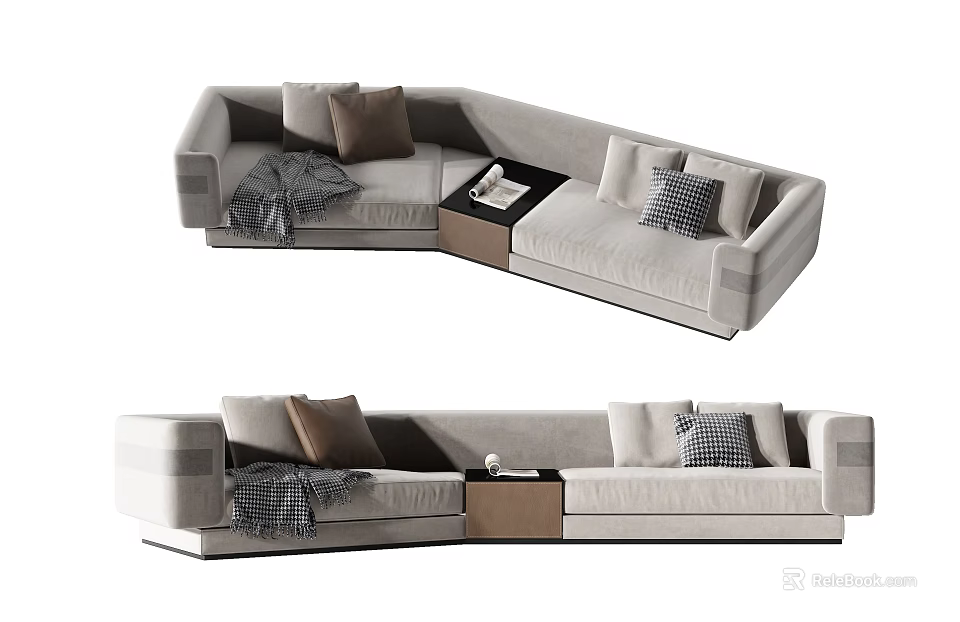 Modern Light Gray Sectional Sofa With Plush Cushions Throw Blanket And Side Table 3d model