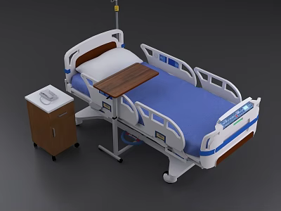 Medical Hospital Bed with Blue Mattress White Frame and Side Cabinet IV Pole 3d model