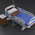 Medical Hospital Bed with Blue Mattress White Frame and Side Cabinet IV Pole