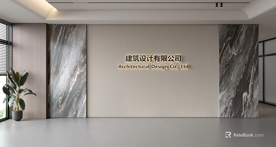Elegant Modern Backdrop Wall For Architectural Design Company With Marble Panels And Vertical Slats 3d model 