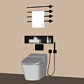 Modern White Toilet With Wall Mounted Towel Rack And Illuminated Shelf On Beige Wall