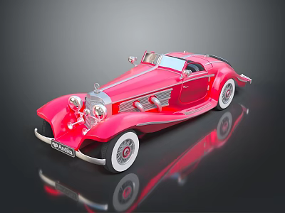 Shiny Red Vintage Convertible Car With Classic Design And Chrome Details On Black Reflective Surface 3d model