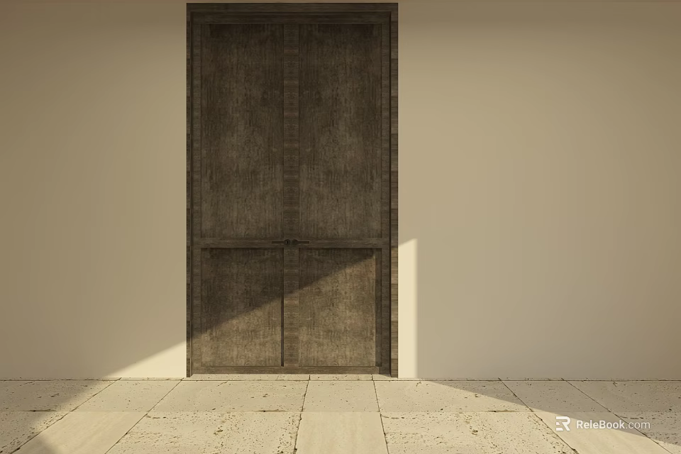 Rustic Wooden Double Doors In Minimalist Interior With Light Walls And Smooth Floors 3d model 