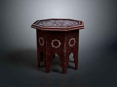 Traditional Octagonal Dark Wooden Side Table With Carved Patterns And White Inlay 3d model