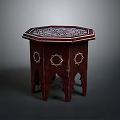 Traditional Octagonal Dark Wooden Side Table With Carved Patterns And White Inlay 3d model