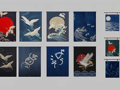 Japanese Style Kitchen Curtains With Crane Wave Moon And White Patterns On Dark Blue 3d model