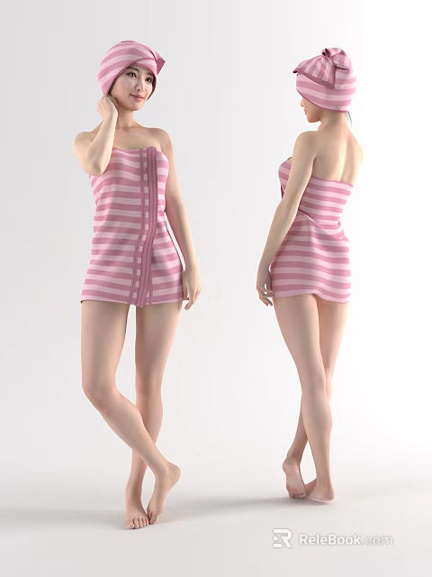 Woman Wearing Pink Striped Strapless Dress Front And Back Views 3d model 