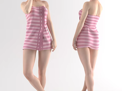 Woman Wearing Pink Striped Strapless Dress Front And Back Views 3d model
