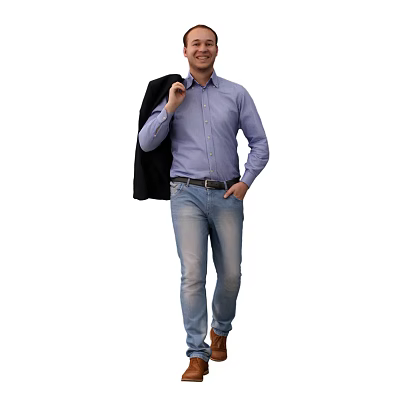 Man In Blue Shirt Jeans With Blazer Over Shoulder Walking Confidently 3d model