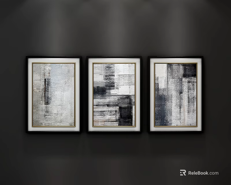 Modern Abstract Paintings in White Frames on Dark Background Wall with Monochrome Tones 3d model 