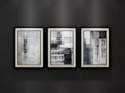 Modern Abstract Paintings in White Frames on Dark Background Wall with Monochrome Tones 3d model