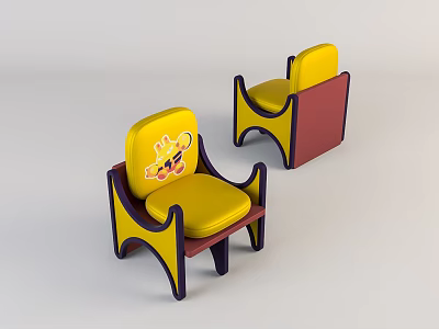 Colorful Kids Chairs with Yellow Seat Red and Yellow Frame and Cartoon Design 3d model