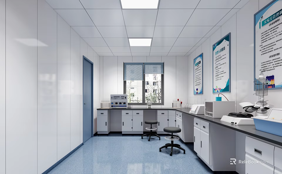 Modern Laboratory Interior with White Walls Blue Flooring Lab Benches Windows and Cabinets 3d model 