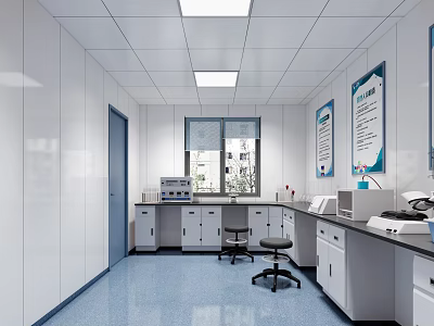 Modern Laboratory Interior with White Walls Blue Flooring Lab Benches Windows and Cabinets 3d model