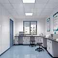 Modern Laboratory Interior with White Walls Blue Flooring Lab Benches Windows and Cabinets